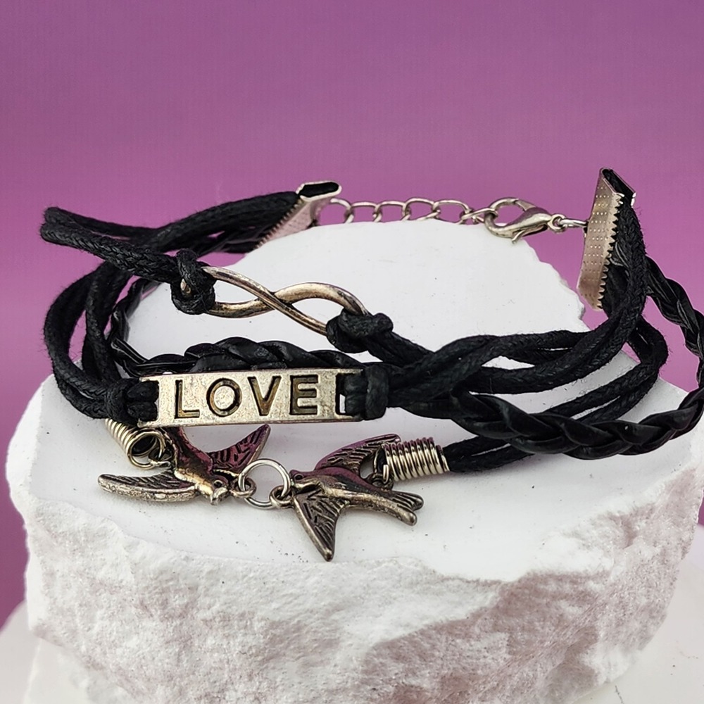 Black Layered Cord Bracelet Infinity LOVE Bird Charms Gothic Boho Adjustable